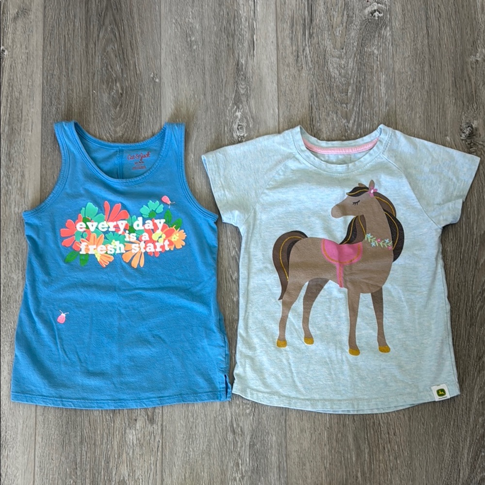GUC Set of 2 Tops—John Deere Horse TShirt Size 5 & Cat & Jack Tank Top Size XS